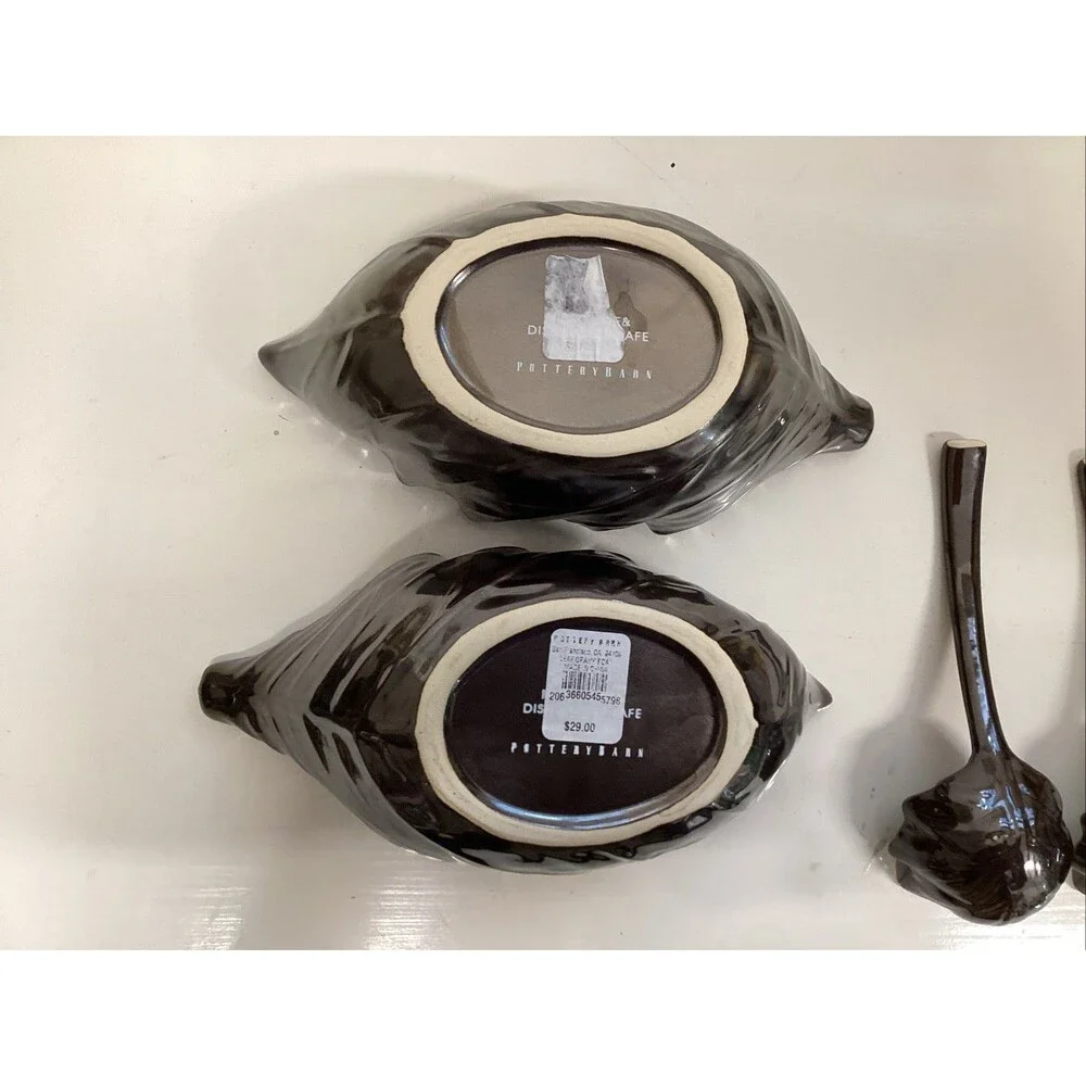 pottery barn metallic leaf bowl w/ladle dish large ceramic set of 2